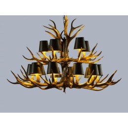 Lustre rustique noir à 15 lumières en bois de cerf avec abat-jour
