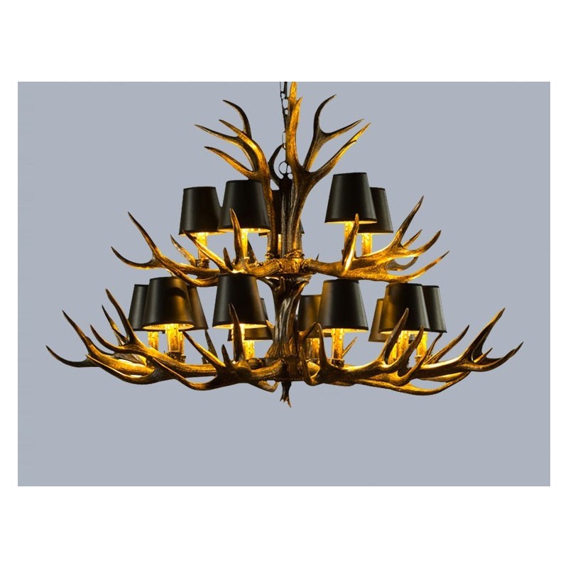 Lustre rustique noir à 15 lumières en bois de cerf avec abat-jour