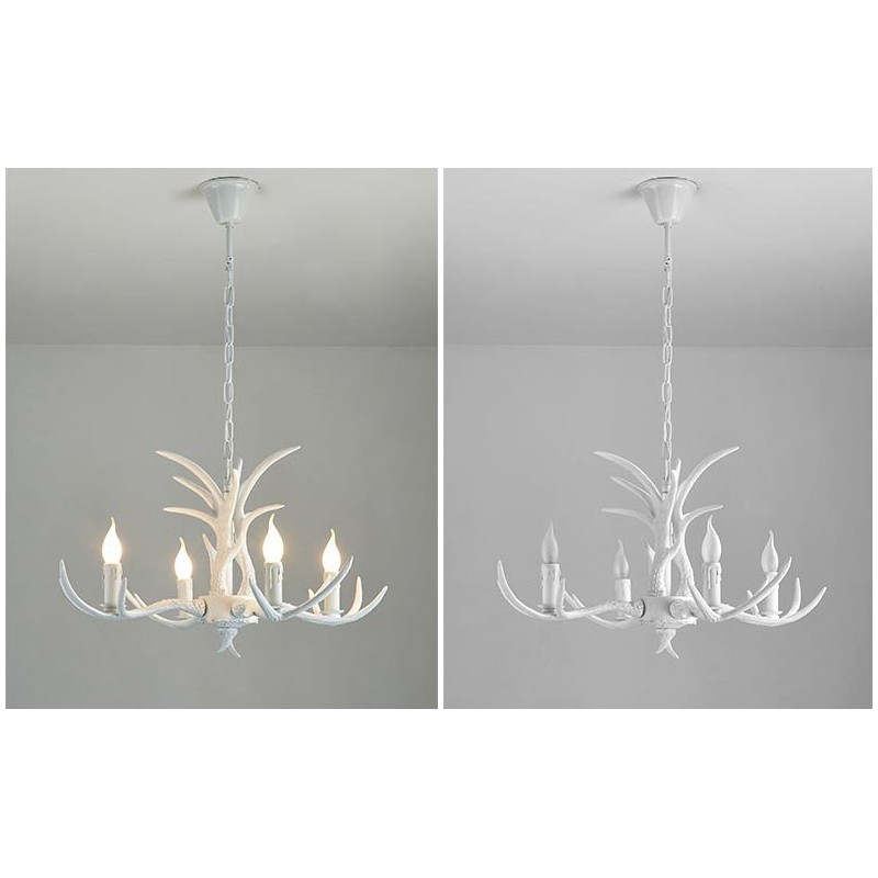 Lustre antique rustique artistique rétro à 4 lumières en bois de cerf blanc