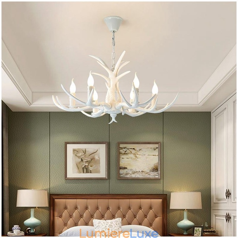 Lustre antique rustique artistique rétro à 6 lumières en bois de cerf blanc