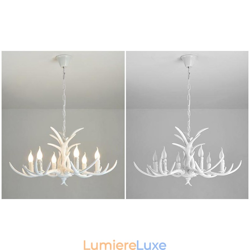 Lustre antique rustique artistique rétro à 6 lumières en bois de cerf blanc