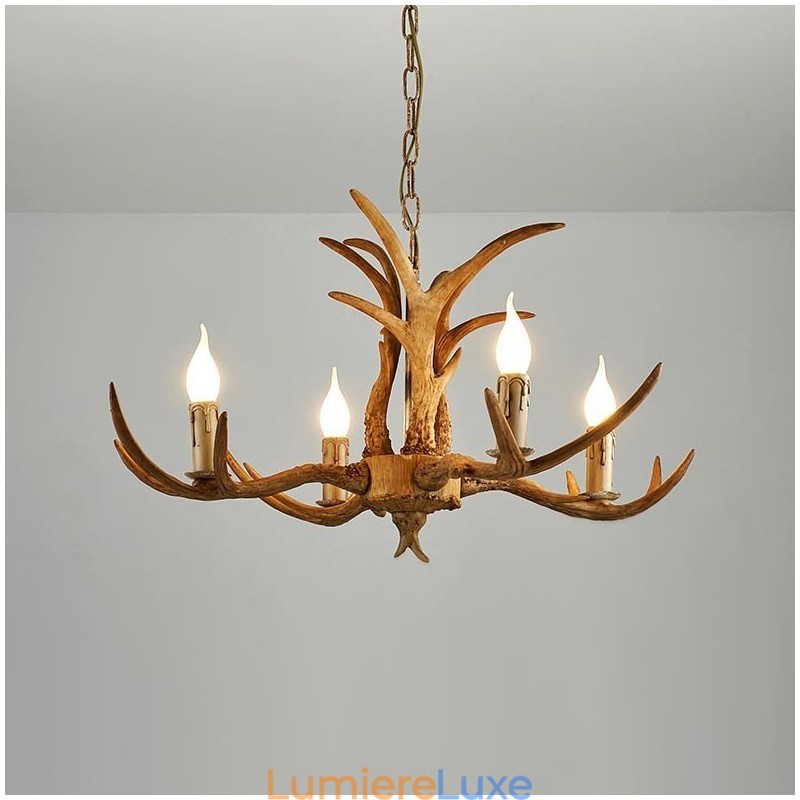 Lustre antique rustique artistique rétro à 4 lumières en bois de cerf