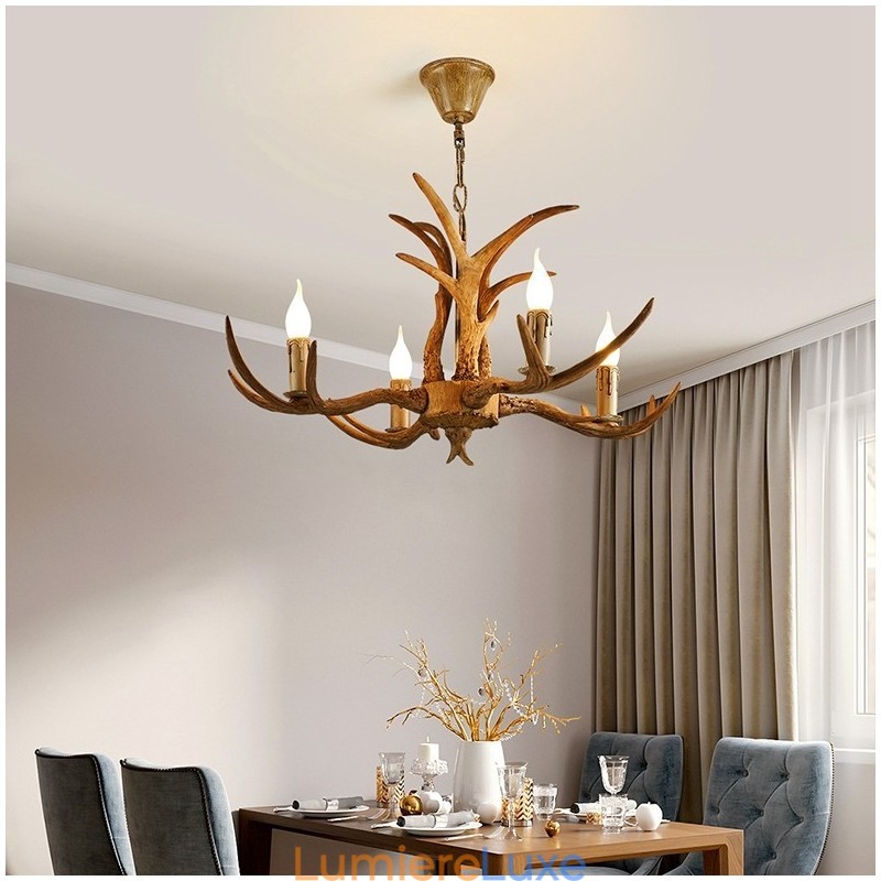 Lustre antique rustique artistique rétro à 4 lumières en bois de cerf