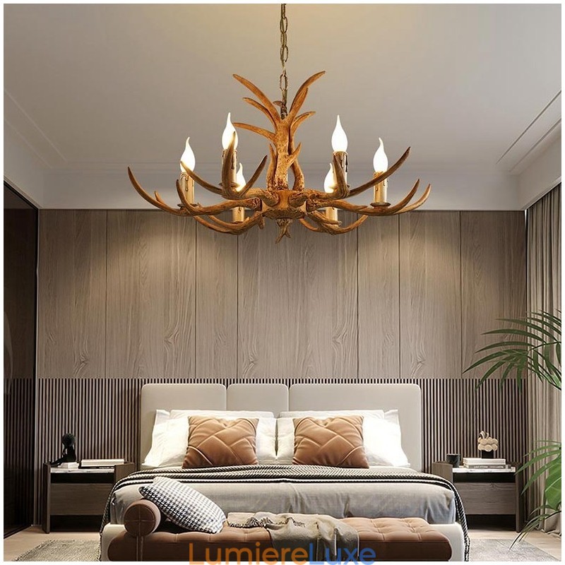 Lustre antique rustique artistique rétro à 6 lumières en bois de cerf