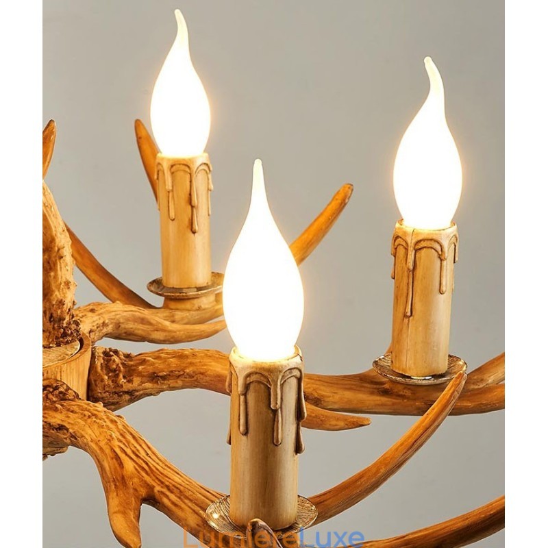 Lustre antique rustique artistique rétro à 6 lumières en bois de cerf