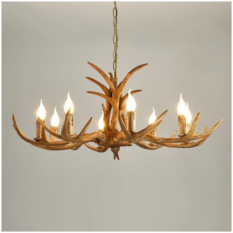 Lustre antique rustique artistique rétro à 8 lumières en bois de cerf