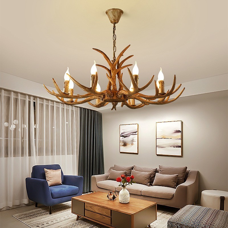 Lustre antique rustique artistique rétro à 8 lumières en bois de cerf