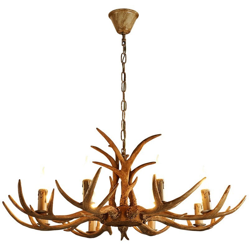 Lustre antique rustique artistique rétro à 8 lumières en bois de cerf