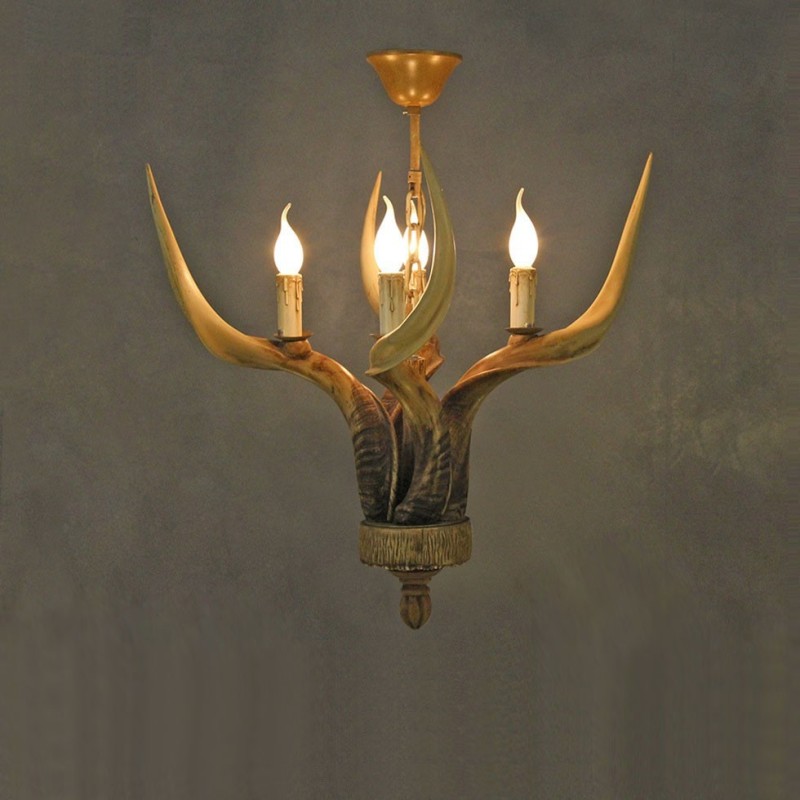 Lustre antique rustique artistique rétro à 4 lumières en bois de cerf