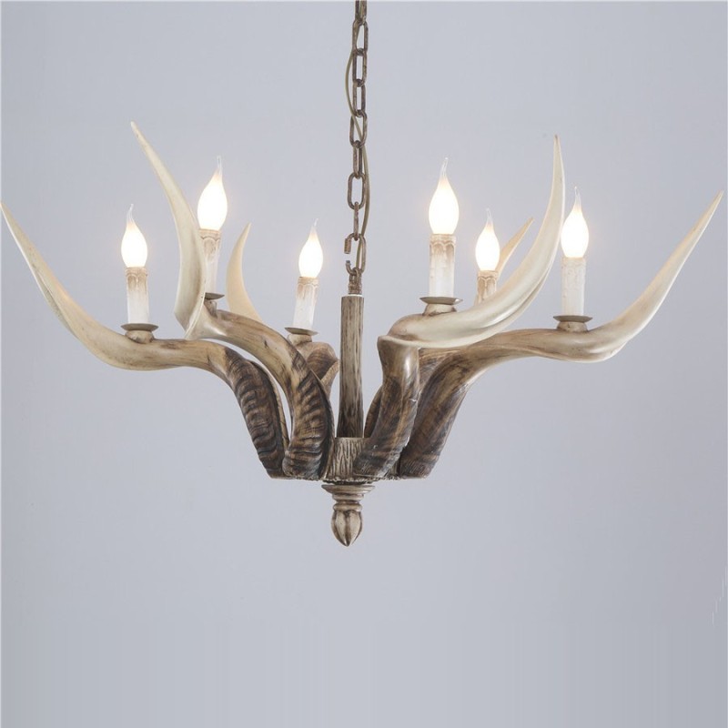 Lustre antique rustique artistique rétro à 6 lumières en bois de cerf