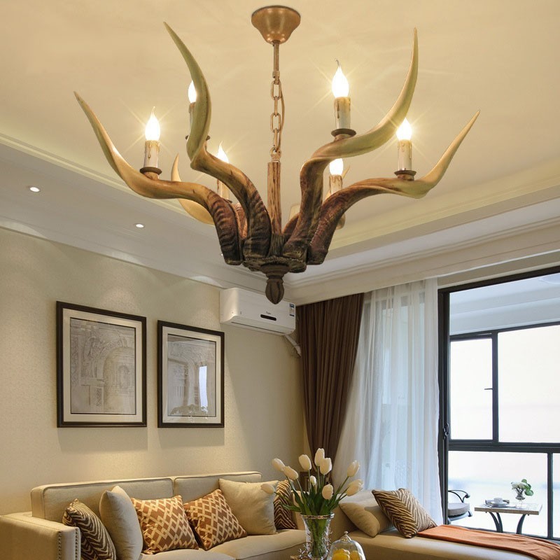 Lustre antique rustique artistique rétro à 6 lumières en bois de cerf