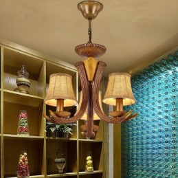 Lustre rustique artistique rétro à 3 lumières en bois de cerf avec abat-jour