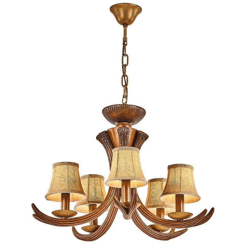 Lustre rustique artistique rétro à 5 lumières en bois de cerf avec abat-jour