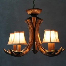 Lustre rustique artistique rétro à 5 lumières en bois de cerf avec abat-jour