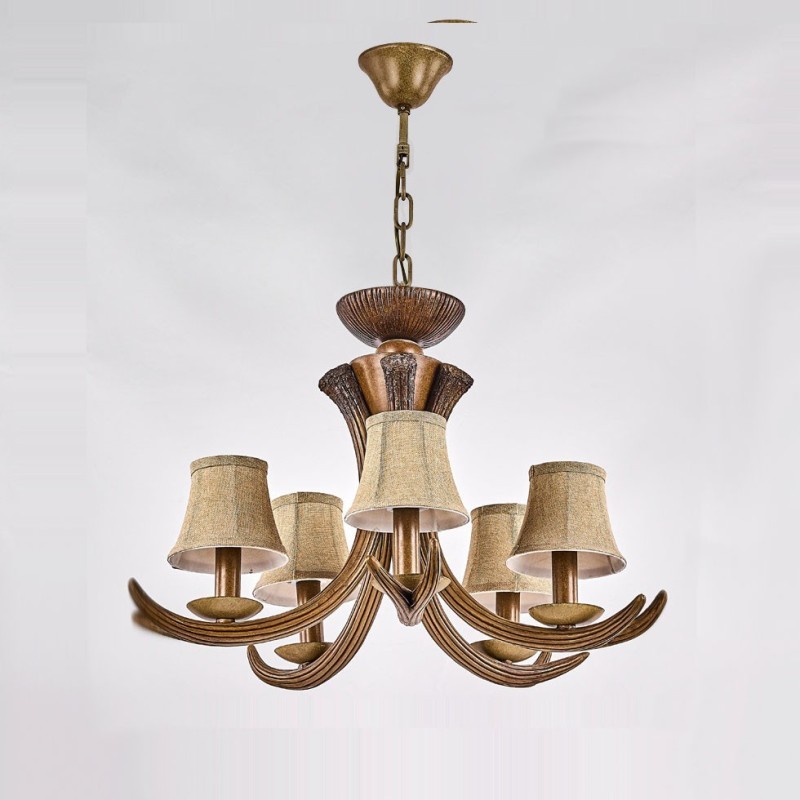 Lustre rustique artistique rétro à 5 lumières en bois de cerf avec abat-jour