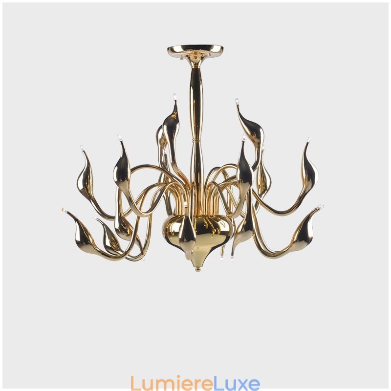 Lustre moderne contemporain en métal galvanisé doré à 15 lumières