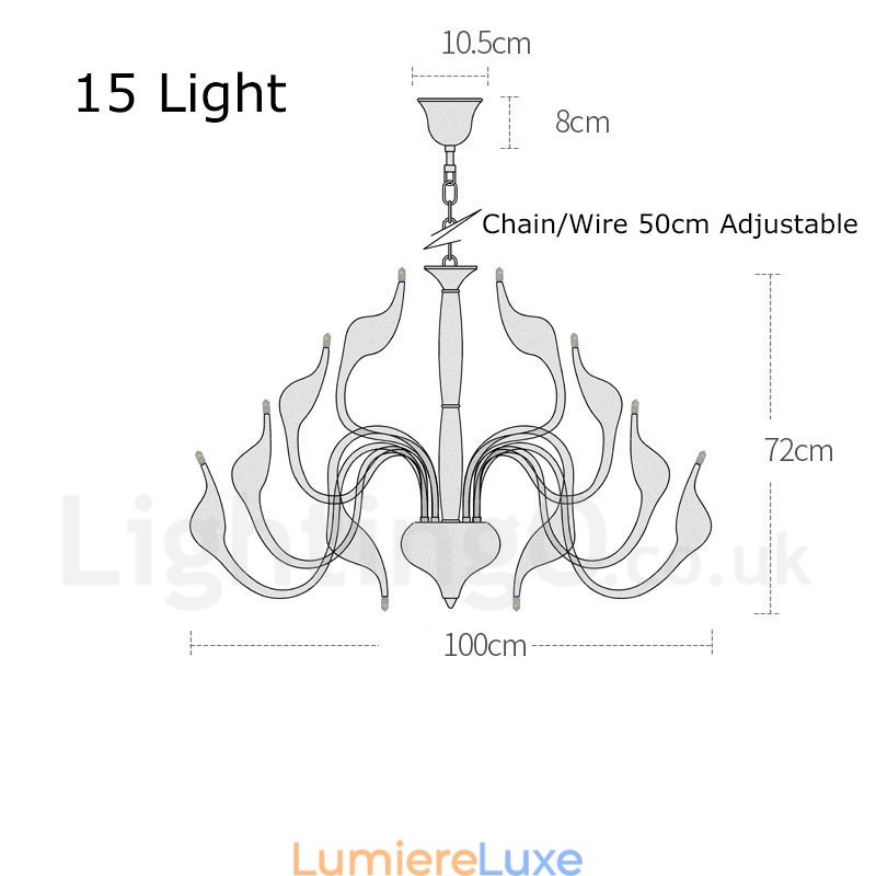 Lustre moderne contemporain en métal galvanisé doré à 15 lumières