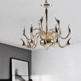 Lustre moderne contemporain en métal galvanisé doré à 15 lumières