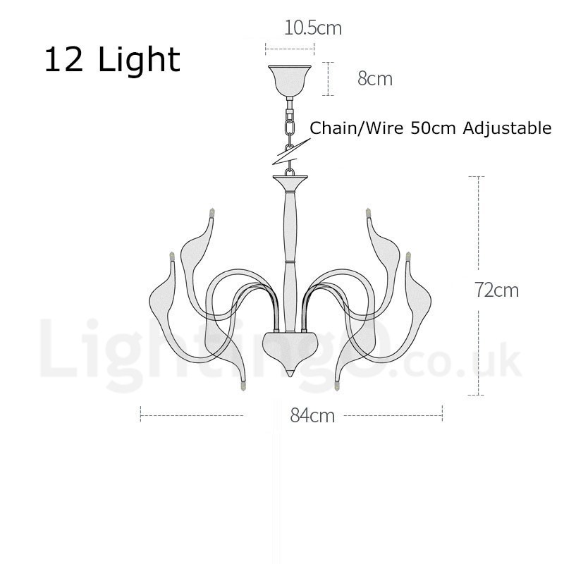 Lustre moderne à 12 lampes en métal noir en forme de cygne