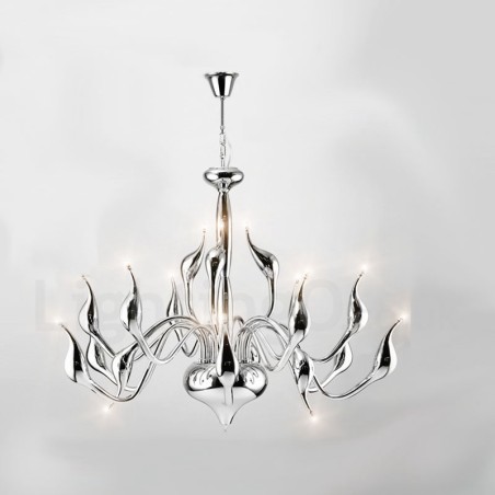 Lustre moderne en acier inoxydable à 18 lumières en forme de cygne, finition chromée G4 Lustre moderne en acier inoxydable à 18 lumières en forme de cygne, finition chromée G4