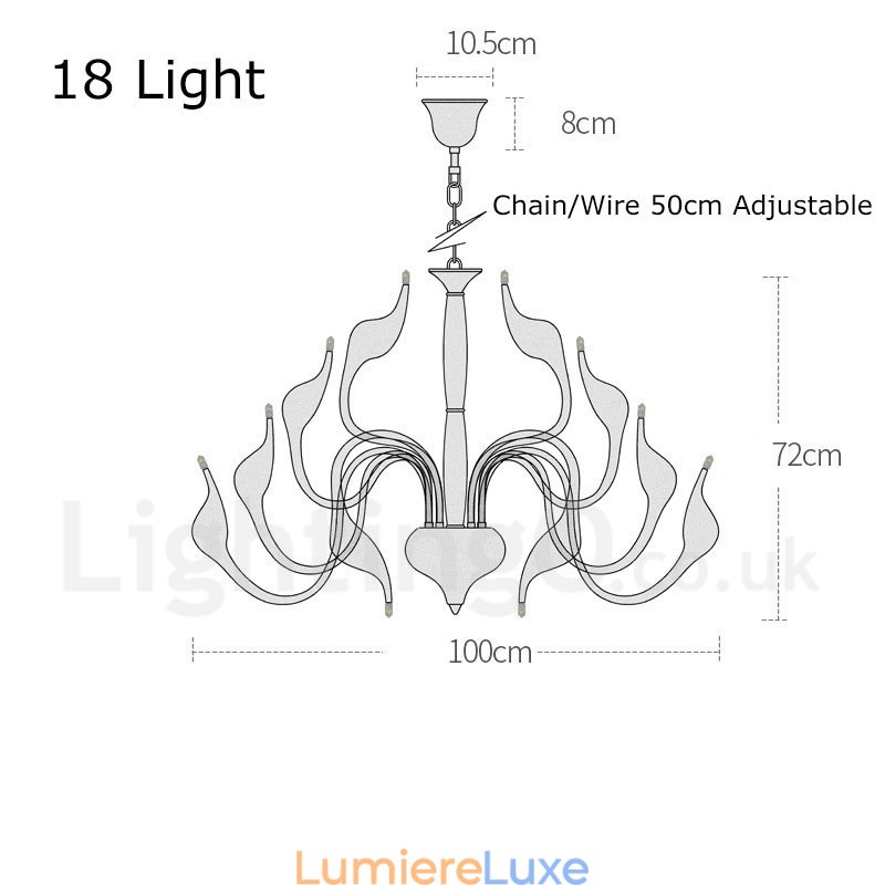 Lustre moderne en acier inoxydable à 18 lumières en forme de cygne, finition noire, G4
