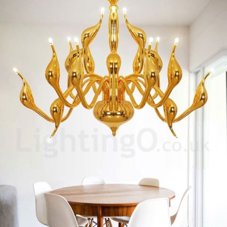 Lustre cygne post-moderne à 18 lumières en acier inoxydable G4 finition dorée Lustre cygne post-moderne à 18 lumières en acier inoxydable G4 finition dorée