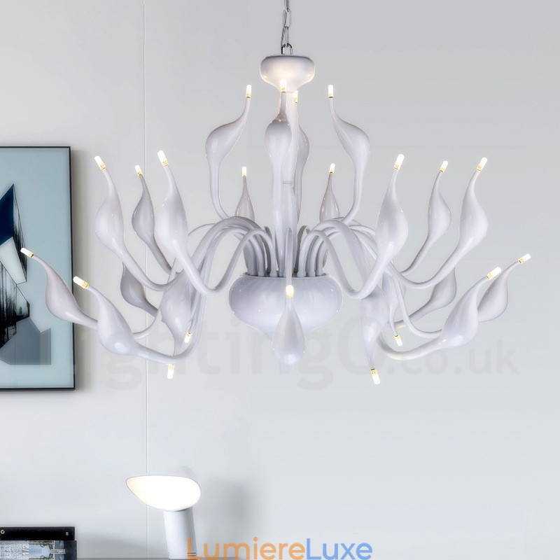 Lustre cygne moderne à 24 lumières G4, placage blanc
