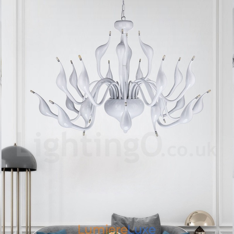 Lustre cygne moderne à 24 lumières G4, placage blanc