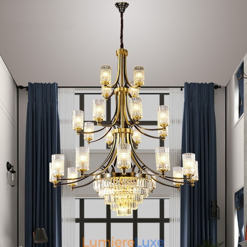 Grand lustre de luxe en cristal de cuivre pour 12+8+4 supports de lumière