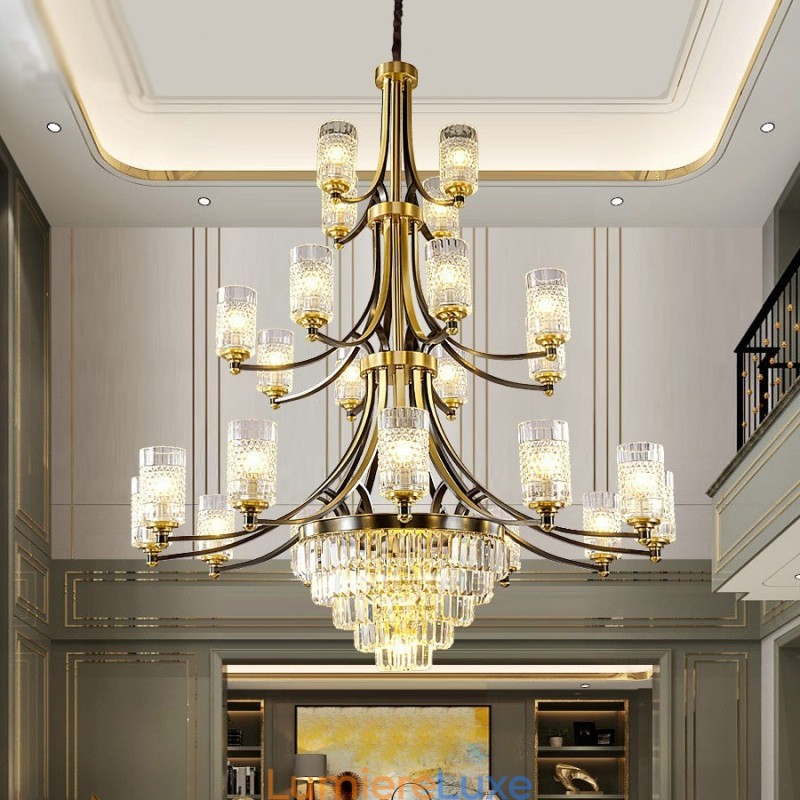 Grand lustre de luxe en cristal de cuivre pour 12+8+4 supports de lumière
