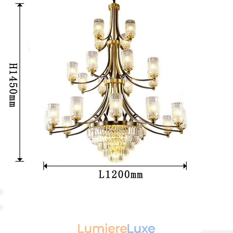 Grand lustre de luxe en cristal de cuivre pour 12+8+4 supports de lumière