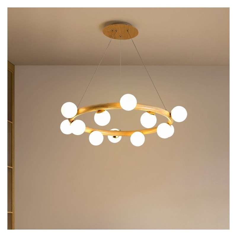 Lustre suspendu en bois simple et moderne avec abat-jour en forme de haricot, style nordique