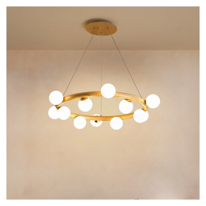Lustre suspendu en bois simple et moderne avec abat-jour en forme de haricot, style nordique