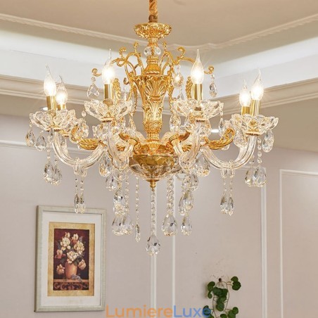 Lustre bougie en cristal de luxe couleur or à 6 ou 8 lumières Lustre bougie en cristal de luxe couleur or à 6 ou 8 lumières