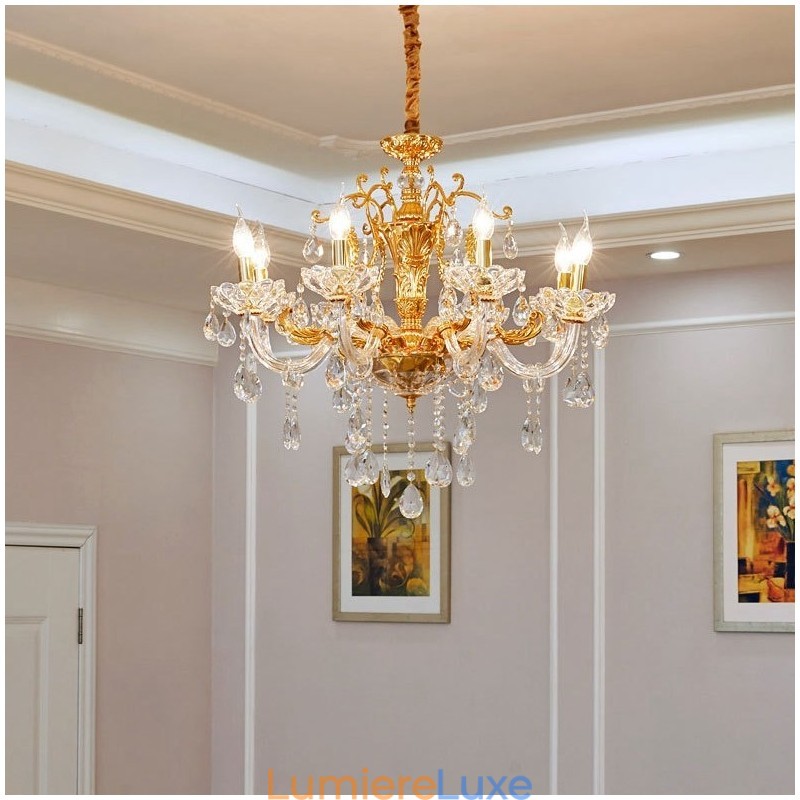 Lustre bougie en cristal de luxe couleur or à 6 ou 8 lumières