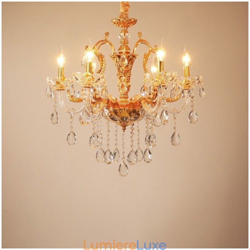 Lustre bougie en cristal de luxe couleur or à 6 ou 8 lumières