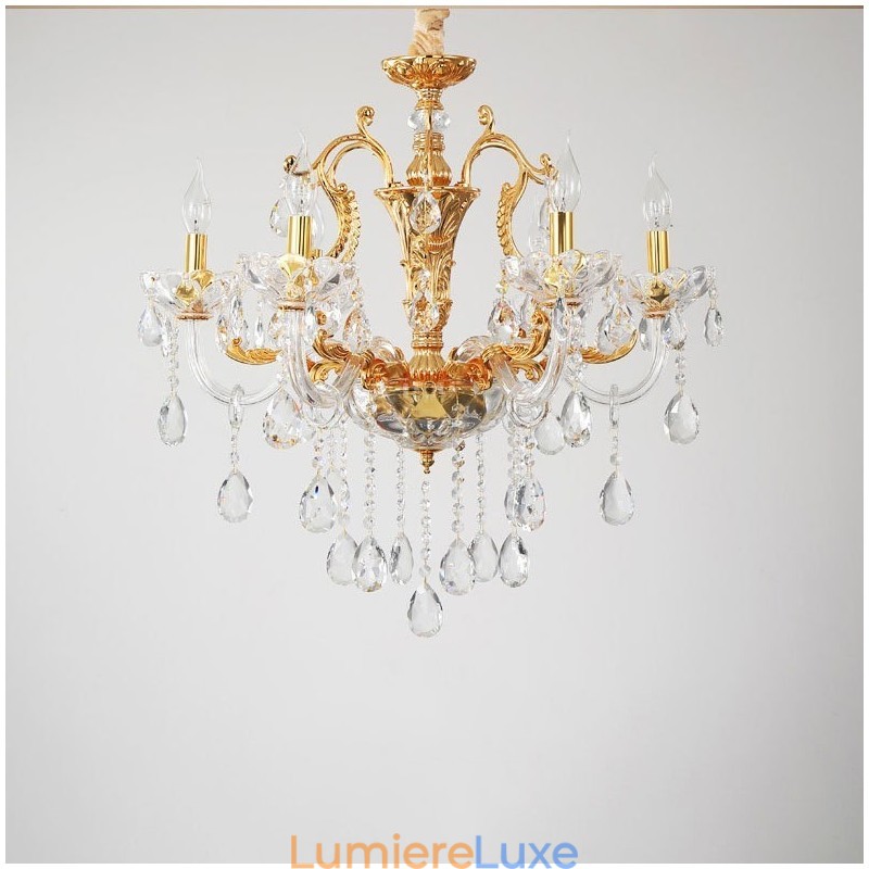 Lustre bougie en cristal de luxe couleur or à 6 ou 8 lumières