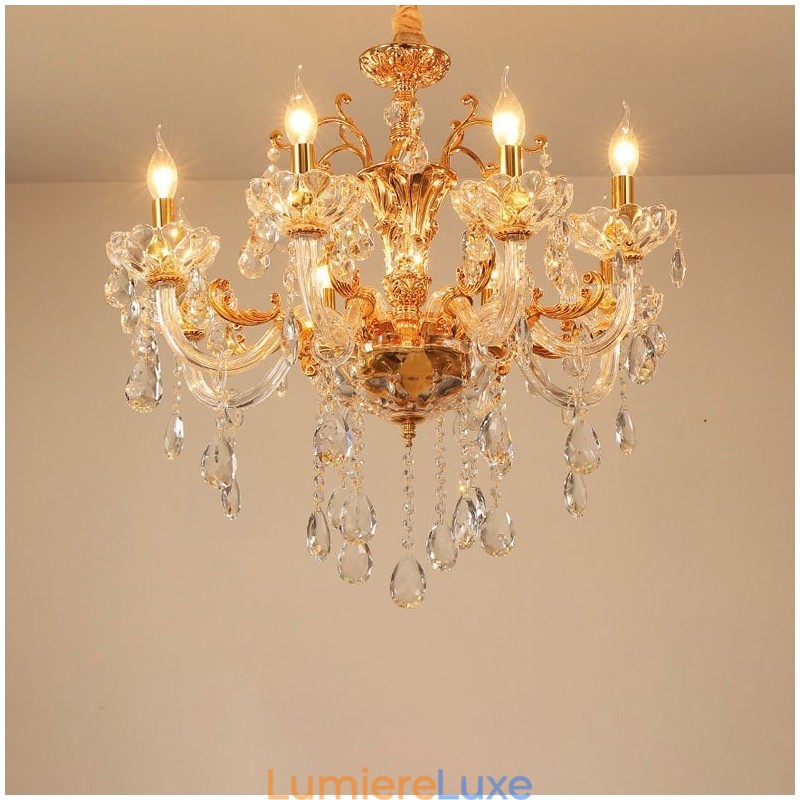Lustre bougie en cristal de luxe couleur or à 6 ou 8 lumières
