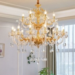 Lustre bougie en cristal de luxe à 18 lumières et deux niveaux, couleur or