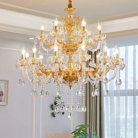 Lustre bougie en cristal de luxe à 18 lumières et deux niveaux, couleur or Lustre bougie en cristal de luxe à 18 lumières et deux niveaux, couleur or