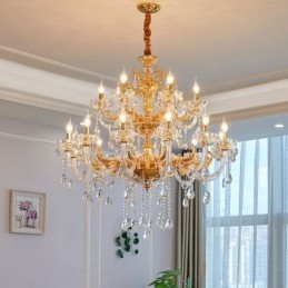 Lustre bougie en cristal de luxe à 18 lumières et deux niveaux, couleur or