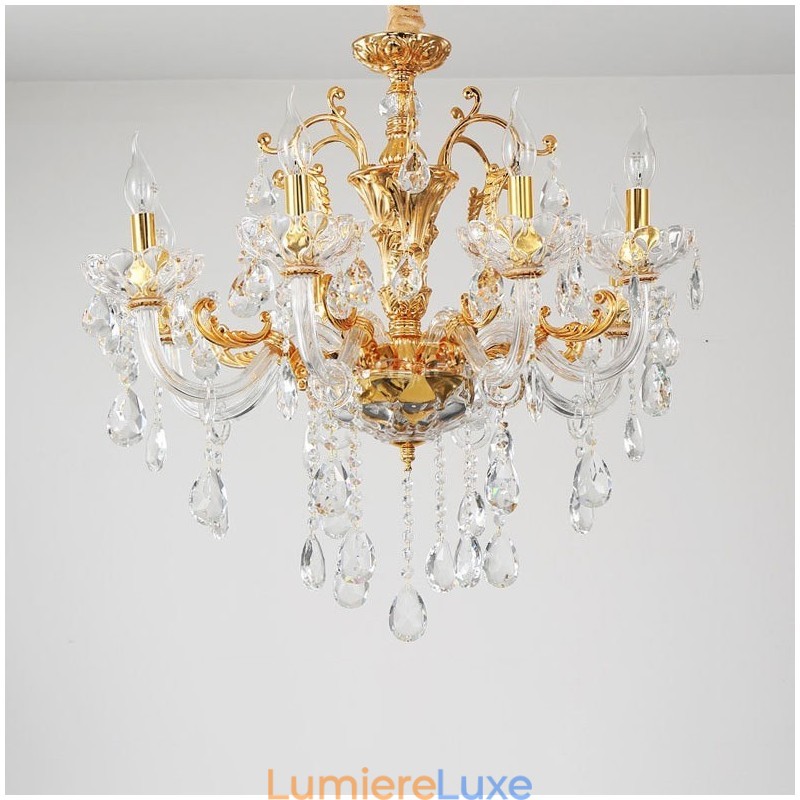 Lustre bougie en cristal de luxe à 18 lumières et deux niveaux, couleur or