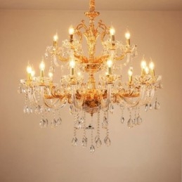 Lustre bougie en cristal de luxe à 18 lumières et deux niveaux, couleur or
