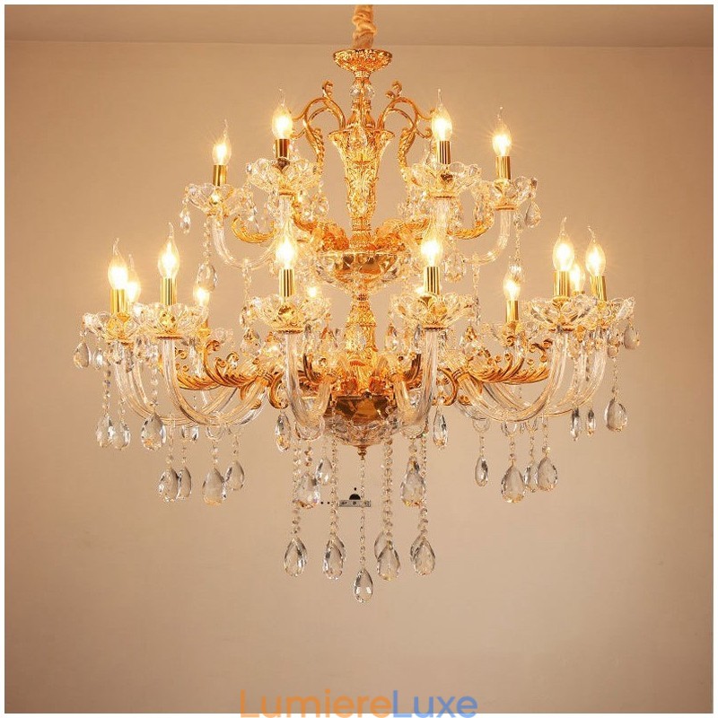 Lustre bougie en cristal de luxe à 18 lumières et deux niveaux, couleur or