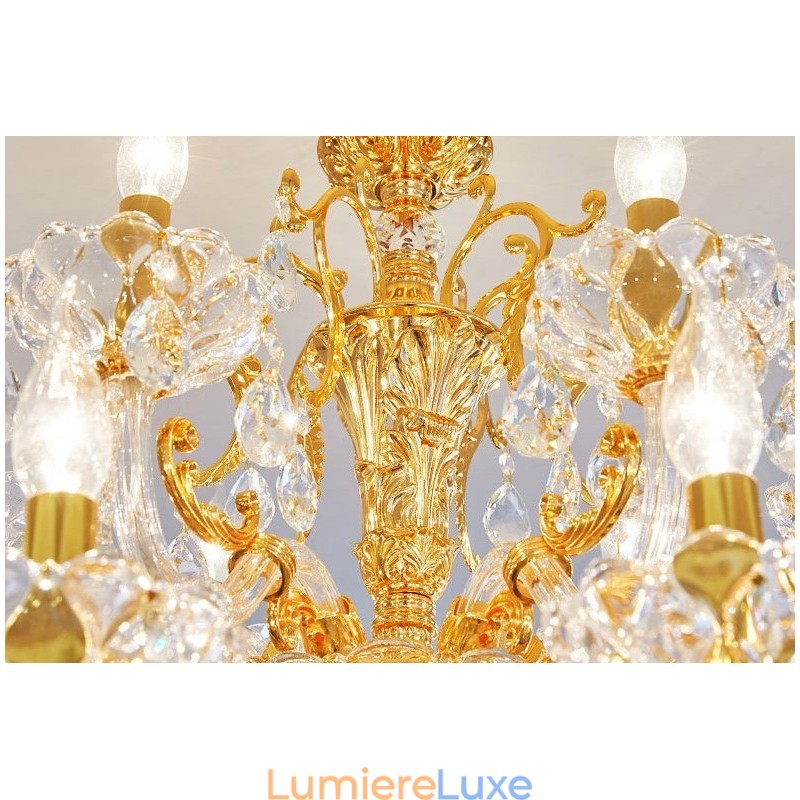 Lustre bougie en cristal de luxe à 18 lumières et deux niveaux, couleur or