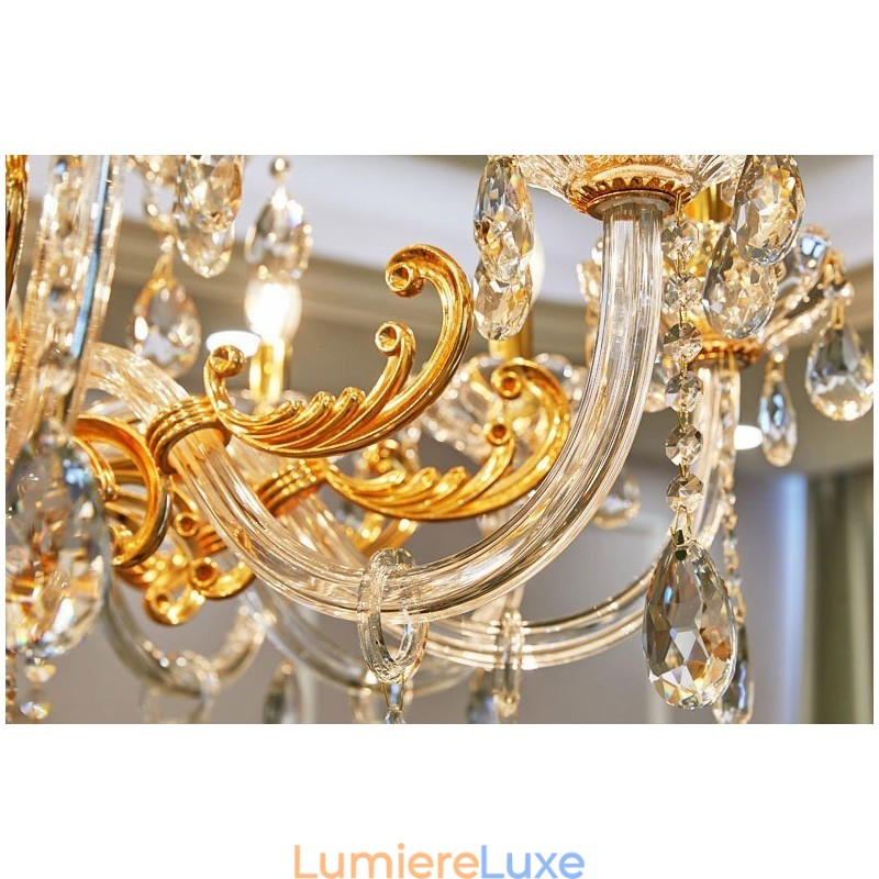 Lustre bougie en cristal de luxe à 18 lumières et deux niveaux, couleur or