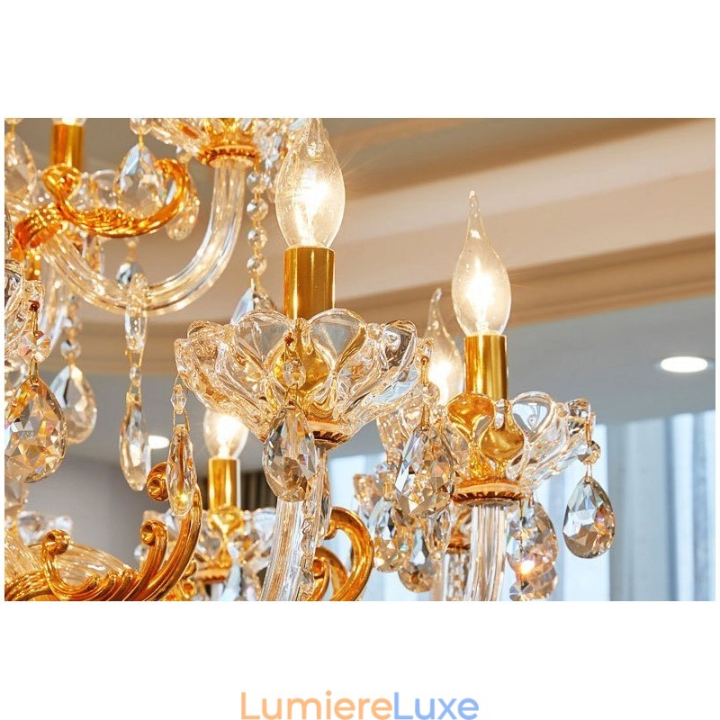 Lustre bougie en cristal de luxe à 18 lumières et deux niveaux, couleur or
