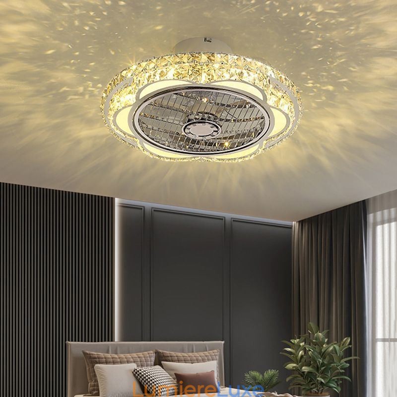 Plafonnier rond en cristal doré avec ventilateur