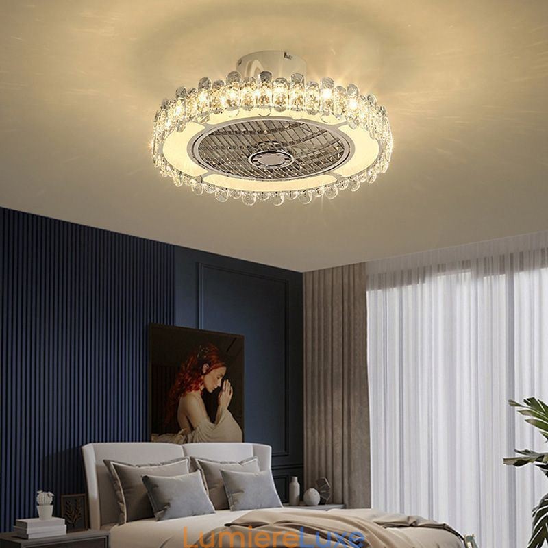 Plafonnier rond en cristal doré avec ventilateur