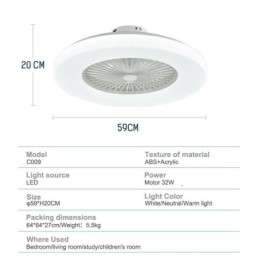 Ventilateur de plafond trichromatique à intensité variable, télécommande à 3 vitesses